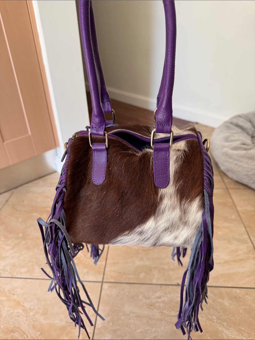 Source Unknown Purple Leather & Brown Cowhide Fringe Shoulder Bag